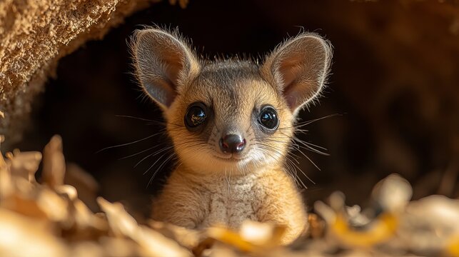 Bush baby galago looking out of hole cute animal wildlife nocturnal primate big eyes adorable pet furry face