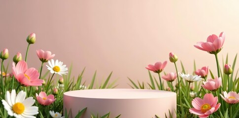 Empty podium with flowers field meadow background, 3D stage showcase for skincare cosmetics presentation,  meadow,  cosmetics