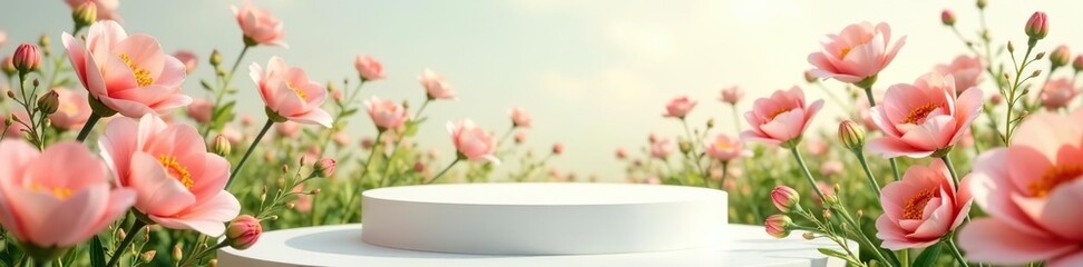 Fototapeta premium Empty podium with flowers field background, ideal for showcasing beauty skincare products 3D stage presentation, presentation, flowers