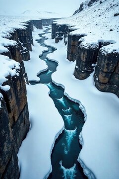 Drone footage capturing rugged snowy terrain with icy rivers cutting through,  cold,  adventure