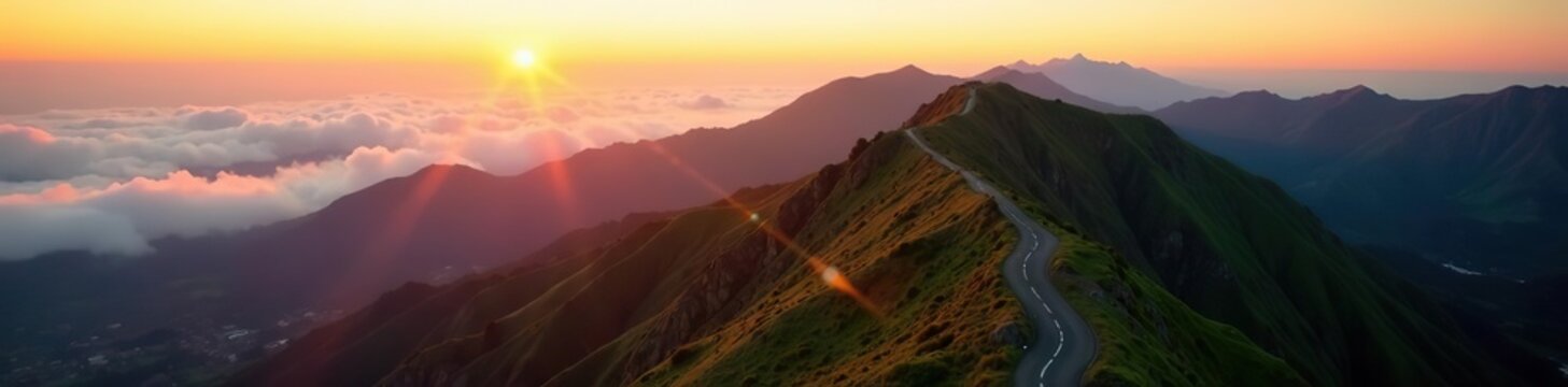 Drone footage of Pico do Arieiro in Madeira, Portugal during warm sunset over green mountains, valleys, and cloudy horizon,  footage,  Portugal