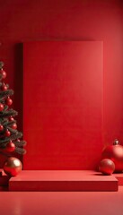 Fototapeta premium Empty red background with a stand display and studio for showcasing Christmas designs on a cement material backdrop, featuring a realistic 3D render, design, studio