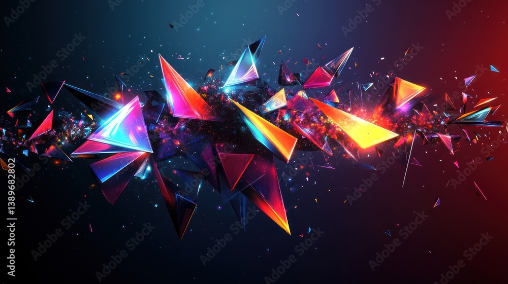 Poster dynamic abstract triangles bursting with vibrant colors and energetic particles