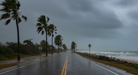 Wet road with palm trees on a stormy day near the ocean with dark gray clouds overhead and strong winds