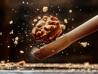Macro image of nutcracker cracking open a walnut, action freeze frame, high clarity stock style