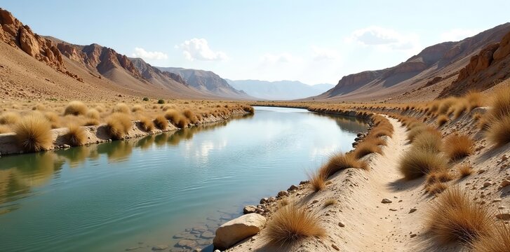 Dry riverbed of the Amendolea River in a barren landscape affected by drought,  natural,  global warming