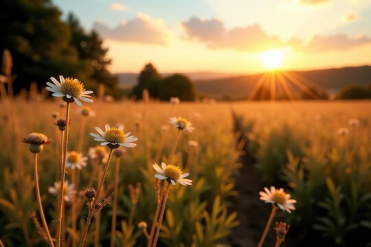 Dry wildflower and grass meadow at golden hour sunset, tranquil autumn field, soft sunlight, panoramic countryside,  grass,  nature