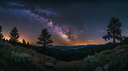 Fototapeta premium Majestic Milky Way Arch Over Silhouetted Pines and Valley