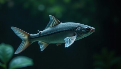 Dussumier's halfbeak swimming in dark water with its reflection visible,  swimming,  nature