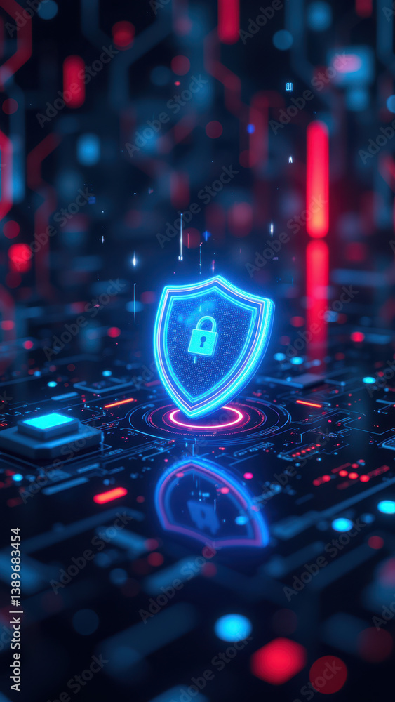 Poster a digital cyber shield amidst a vibrant circuit board background with neon lights, symbolizing cyber