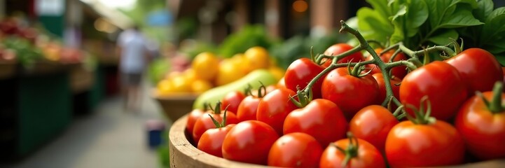 Fresh red tomatoes on a wooden tray in a vibrant summer market filled with organic produce,  produce,  vibrant