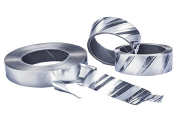 Abstract 3D Illustration Of Shiny Silver Tapes Rolls Isolated On Black Background