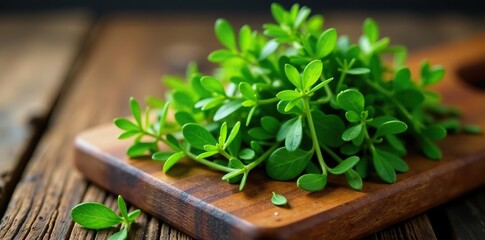 Fresh sprigs of thyme on a rustic wooden cutting board,  ingredient,  foliage