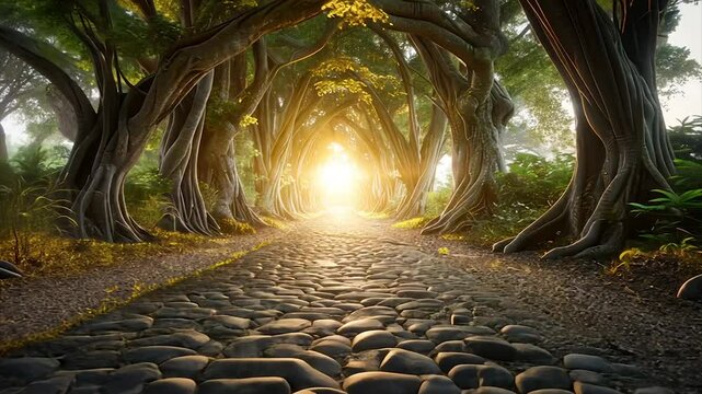 Sunlit pathway through ancient trees.  Sunlight streams through a tunnel of intertwining tree branches, illuminating a pathway paved with cobblestones. Lush greenery surrounds the ancient trees