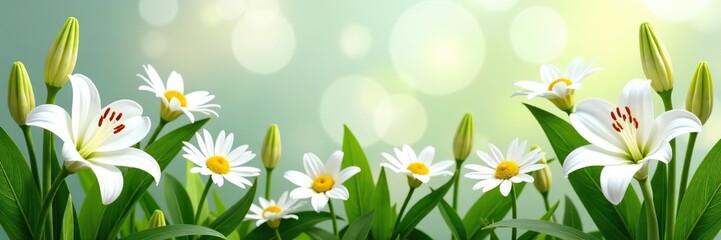 Fresh white flowers such as lilies and daisies paired with vibrant green leaves in a beautiful arrangement,  fresh,  vibrant