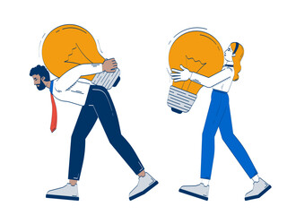 Obraz premium Creative team carrying giant light bulbs symbolizing big ideas doodle illustration concept. Colleagues solution business lightbulbs cartoon 2D characters isolated on white. Hand drawn vector metaphor