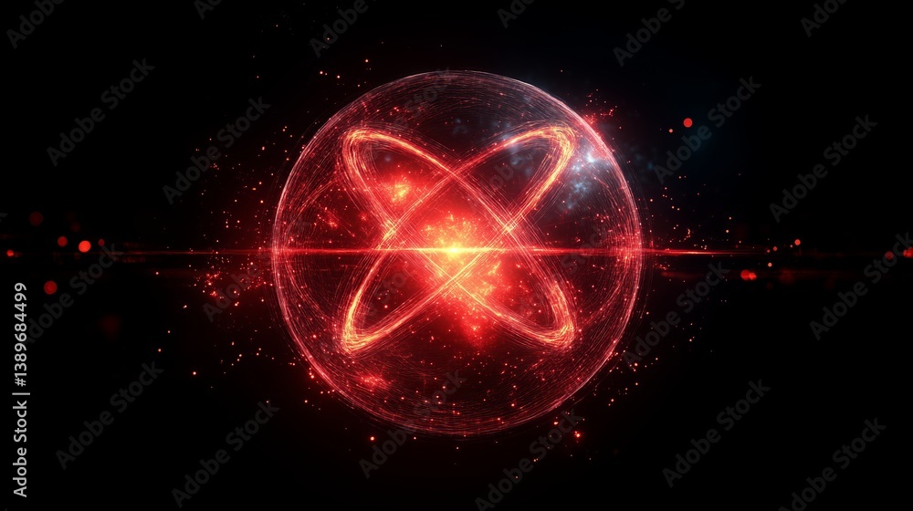 Poster geometric and mathematical symmetric and spherical atomic cloud with a red glow from.