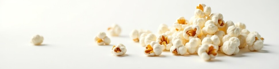 Fresh white popcorn kernels isolated on a clean white background, popcorn,  cinema