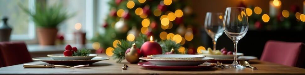 Front view of a festive Christmas table set with blurred fir tree and elegant winter holiday decorations in the background, Christmas,  elegant