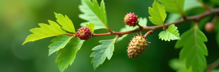 Close-up of alder branch showing catkins and immature cones , growth, environment
