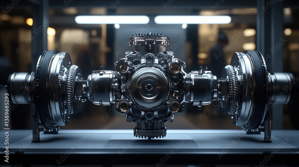 Poster advanced engine and transmission system showcased. a complex, intricate mechanical design of a power