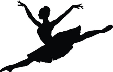 Fototapeta premium Silhouette of a graceful ballerina leaping mid-air in an elegant dance pose with arms extended and tutu flowing