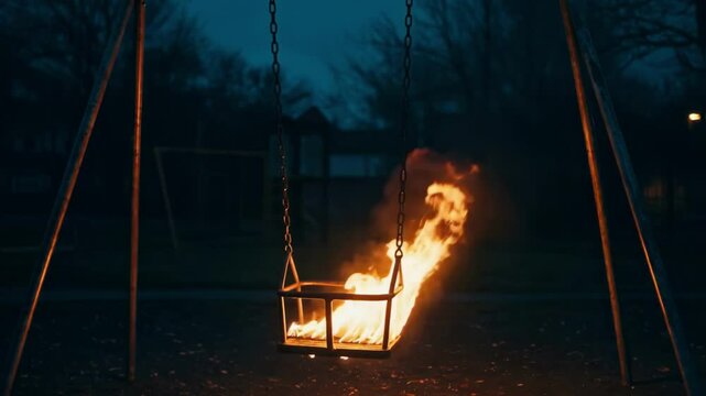 Lone swing seat fiercely burning on an empty playground at night, symbolizing lost childhood, danger, vandalism, or corrupted innocence and unsafe environment concepts affecting communities