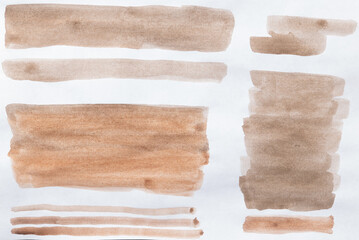 Set of watercolor brushstroke in the 2025 color of the year Mocha Mousse. Hand drawn textured template with elegant warm brown tone. Perfect for creating trendy graphic resource