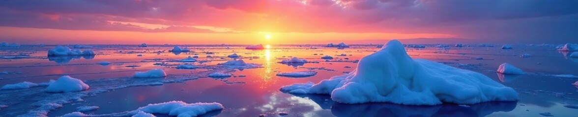 Frozen landscape with glowing ice floe in the foreground against a colorful sunset sky over the Baltic Sea,  twilight,  ice floe