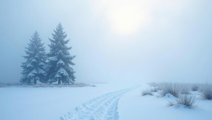 Frozen landscape covered in thick fog with trees and bushes peeking through the icy mist,  serene,  foggy