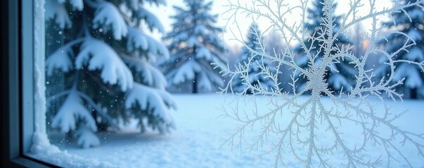 Frozen window covered in intricate ice crystals, with a snowy winter landscape visible outside, frozen window,  patterns