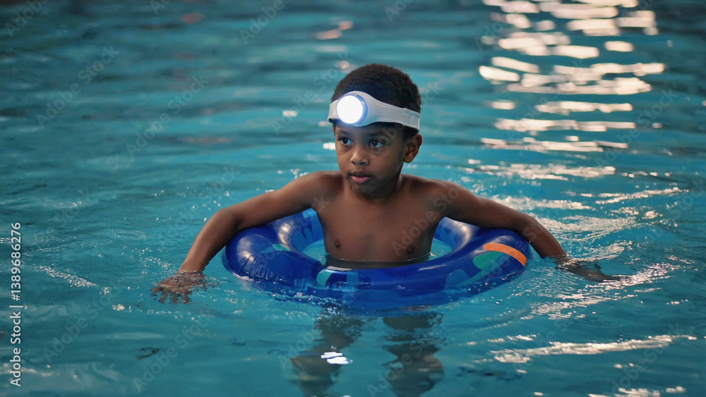 Aufkleber a young boy is shown wearing a life preserver while playing in a swimming pool