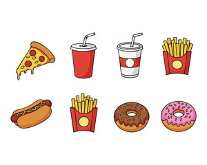 Fast Food and Snacks Vector Set - Pizza, Drinks, Fries, Hotdog, Donuts