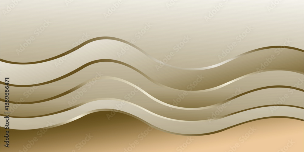 Poster composition of empty space, curved lines and geometric abstract fields with gradations of gold and b