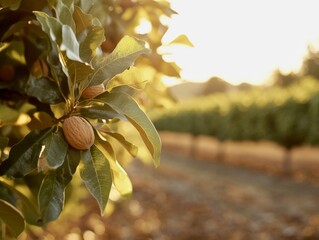 Pecan tree with visible brown nuts ready to harvest, farm field in background, golden hour light