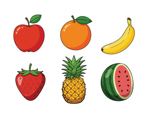 Fresh Colorful Fruits Vector Set - Apple, Orange, Banana, Strawberry, Pineapple, Watermelon