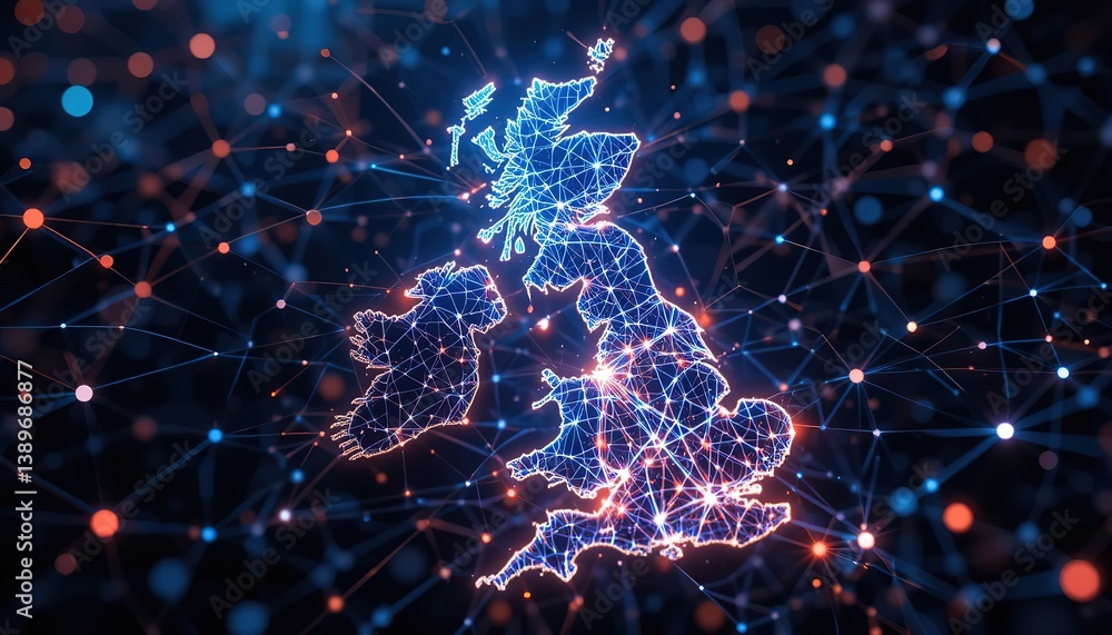 Poster futuristic map of great britain. networked tech map with glowing neon lines, dots. abstract concept 