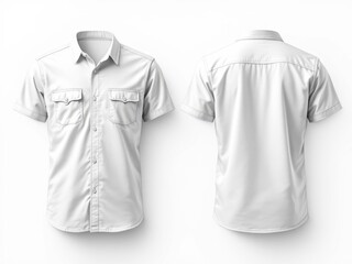 white short sleeve shirt mockup with two chest pockets. The shirt has a collar and buttons on the front. There is a front and back view of the shirt with a white background.