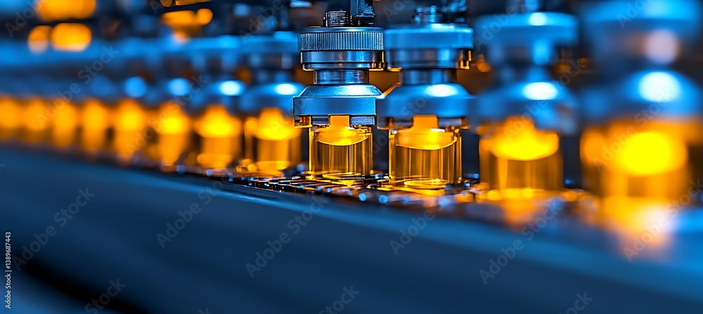 Poster machine processing vials with liquid solution on an automated line