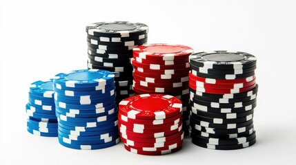 Colorful Stacks of Poker Chips on White Background