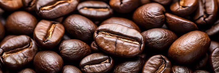 Fototapeta premium Fresh roasted coffee beans macro background showing natural texture and details of aromatic arabica beans in warm brown tones for cafe and food design.