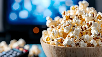 Fresh popcorn in wooden bowl against blurred blue background with bokeh lights, close-up view showing texture and detail of individual kernels.