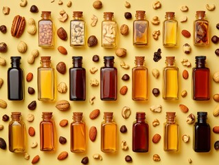 Stylized image of various nut oils in bottles with nuts scattered around, minimal product display