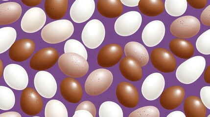 Natural white and brown eggs on lavender background in alternating pattern