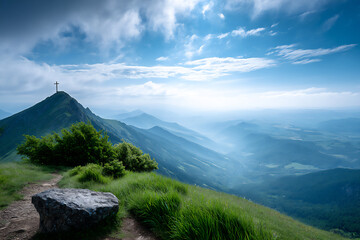 Fototapeta premium cross on a mountain peak,