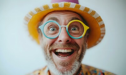 Excited mature Caucasian man with gray beard wearing colorful glasses and summer hat expressing extreme joy and happiness with wide open smile and surprised eyes.