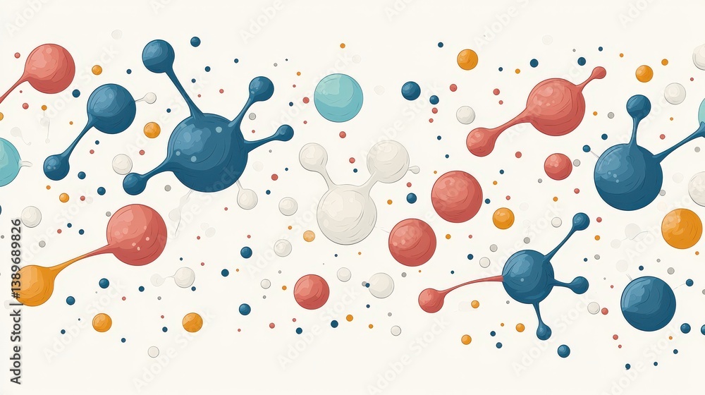 Poster the image is a colorful drawing of various-sized and colored spheres scattered across a white backgr