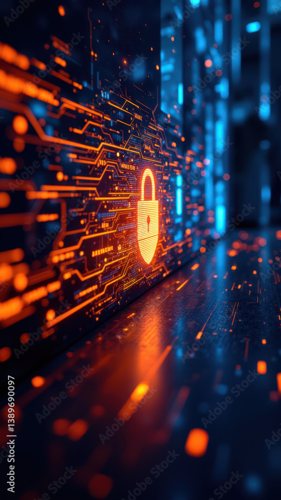 Poster a futuristic and vibrant visual representation of cyber security, featuring a digital lock icon with