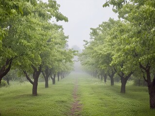 Obraz premium Walnut orchard in springtime bloom, lush green rows with horizon vanishing into fog