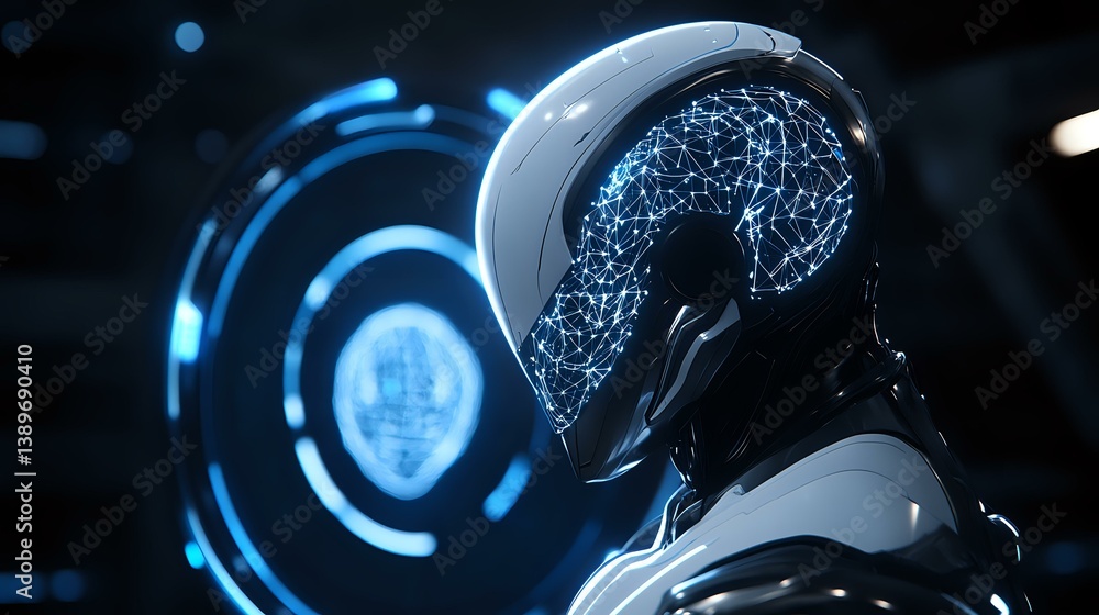 Poster futuristic artificial intelligence visualization showing robotic head with glowing neural network br
